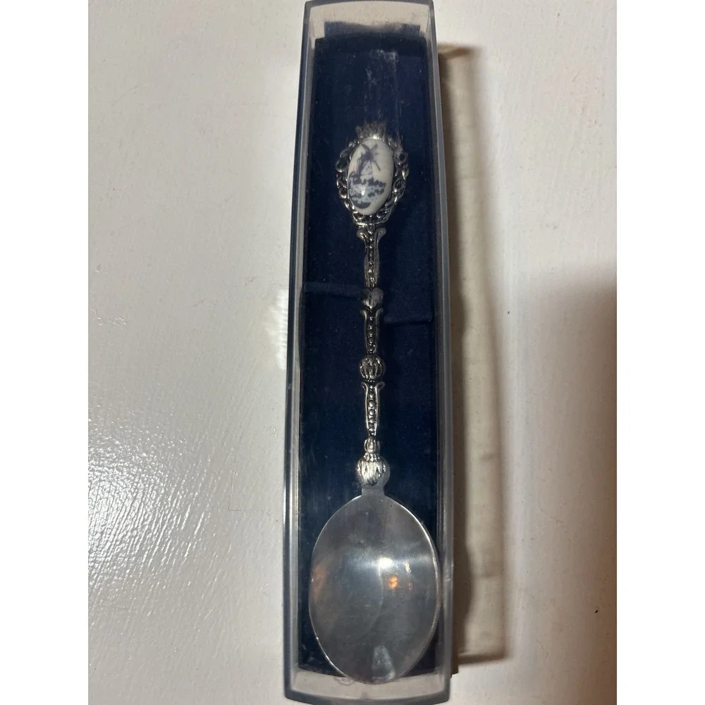 Vintage EPNS Silver Collectible Spoon with Porcelain Blue Windmill Delft  New